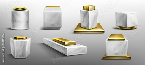 Pedestals from marble and gold for display product, exhibit or trophy. Vector realistic set of empty modern podiums different shapes, stone and golden platforms for showcase, museum or exposition