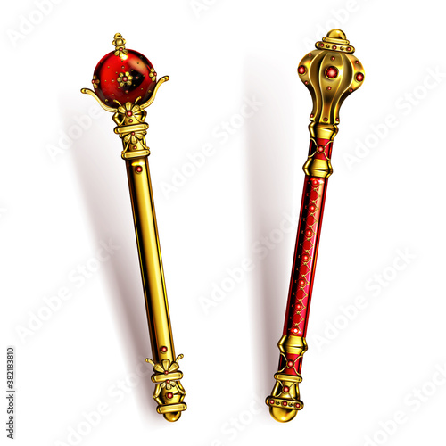 Golden scepter for king or queen, royal wand with gems for Monarch. Gold sceptre monarchy emperor symbol, imperial coronation rod or mace isolated on white background. Realistic 3d vector illustration