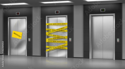 Broken elevators closed for repair or maintenance. Warning sign hang on lift damaged doors with dent, chrome metal doorway gate wrapped with warning yellow stripe, realistic 3d vector Illustration