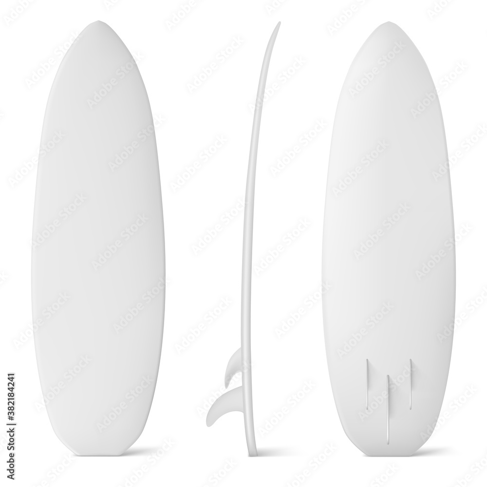 White surfboard mockup, isolated surf board with fins, professional equipment for water sport, travel and vacation activity or extreme swim sea recreation. Realistic 3d vector illustration, mock up White surfboard mockup, isolated surf board with fins, professional equipment for water sport, travel and vacation activity or extreme swim sea recreation. Realistic 3d vector illustration, mock up