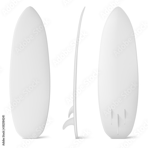 White surfboard mockup, isolated surf board with fins, professional equipment for water sport, travel and vacation activity or extreme swim sea recreation. Realistic 3d vector illustration, mock up