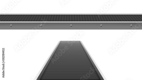 Conveyor belt at factory, plant or warehouse in front and perspective view. Vector realistic illustration of automated machine in mass production line isolated on white background