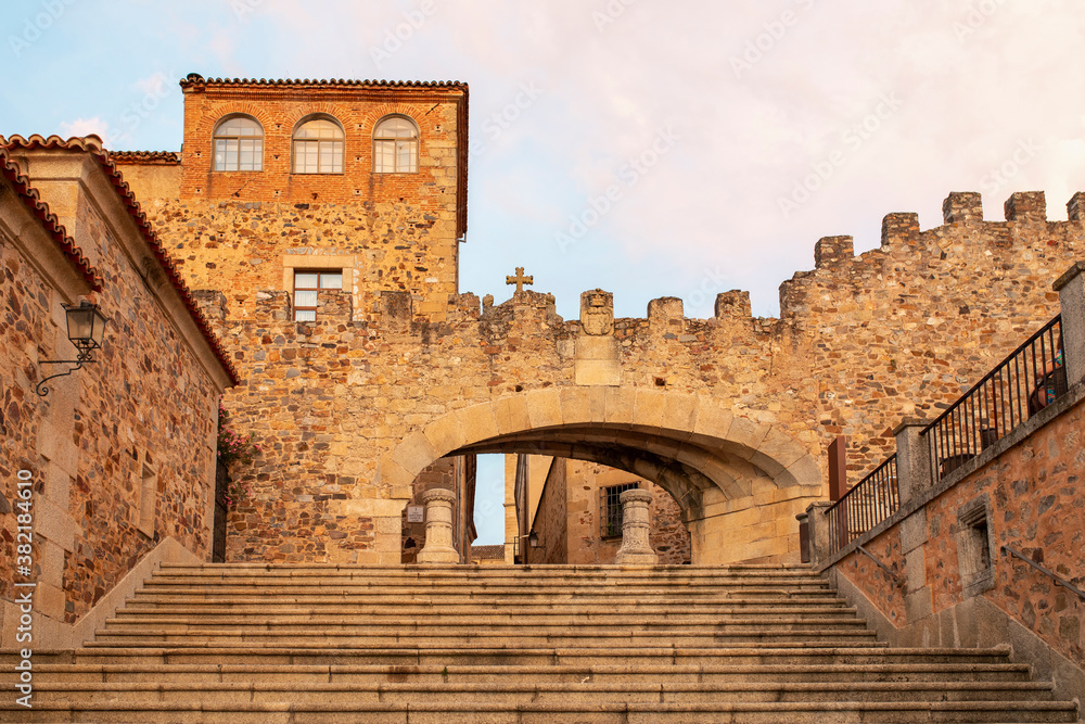 Beautiful view of Arco de la Estrella, in Caceres city center., Spain.