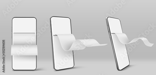 Mobile phone with paper financial bill in front and angle view. Concept of online payment, digital invoice and paycheck. Vector realistic mockup of smartphone with blank check tape