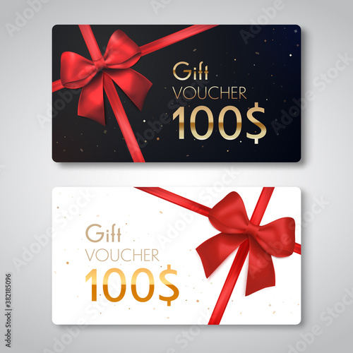 Gift voucher with red ribbon and bow. Discount gift cards template. Vector illustration