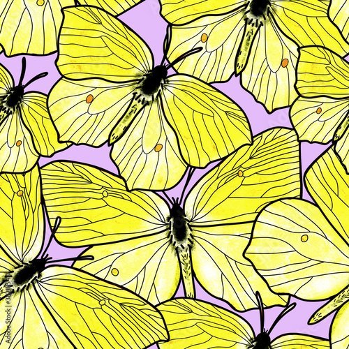 Watercolor hand drawing  seamless pattern  yellow butterflies on a light background