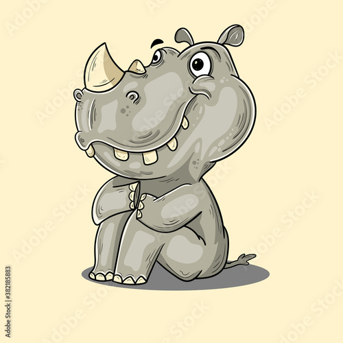 cute vector baby rhino is sitting daydreaming
