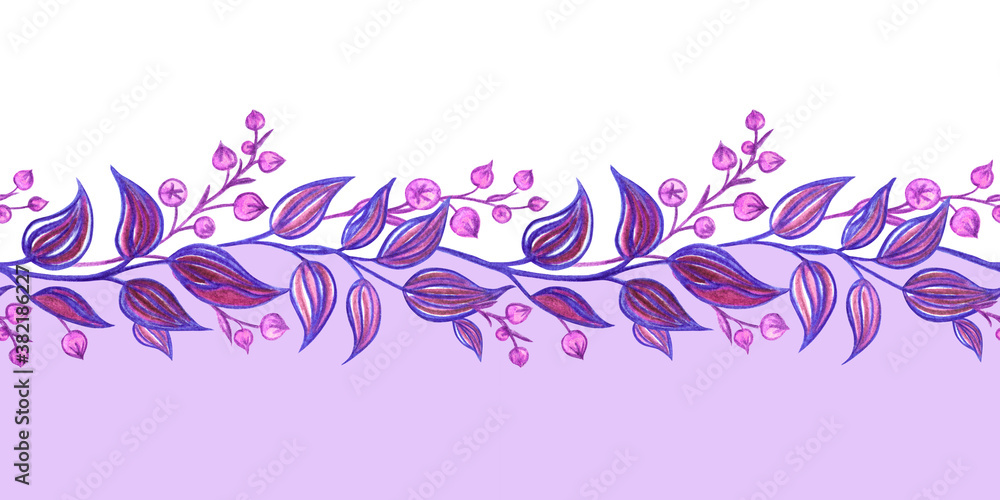 Seamless border of abstract twigs and leaves in purple tones, watercolor illustration, print for fabric, wallpaper, home furnishings decor and other designs. Seamless border of abstract twigs and leaves in purple tones, watercolor illustration, print for fabric, wallpaper, home furnishings decor and other designs.