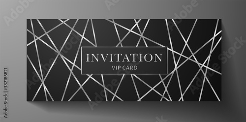 Premium invite VIP card template with silver line pattern on black background. Rich holiday design useful for invitation event, luxury gift certificate, exclusive voucher