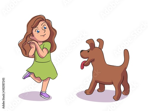 Kid getting pet dog for birthday present. Little girl receiveing puppy as gift from parents. Cute dog brings joy and happiness on holiday. Realistic congatulation from family vector illustration