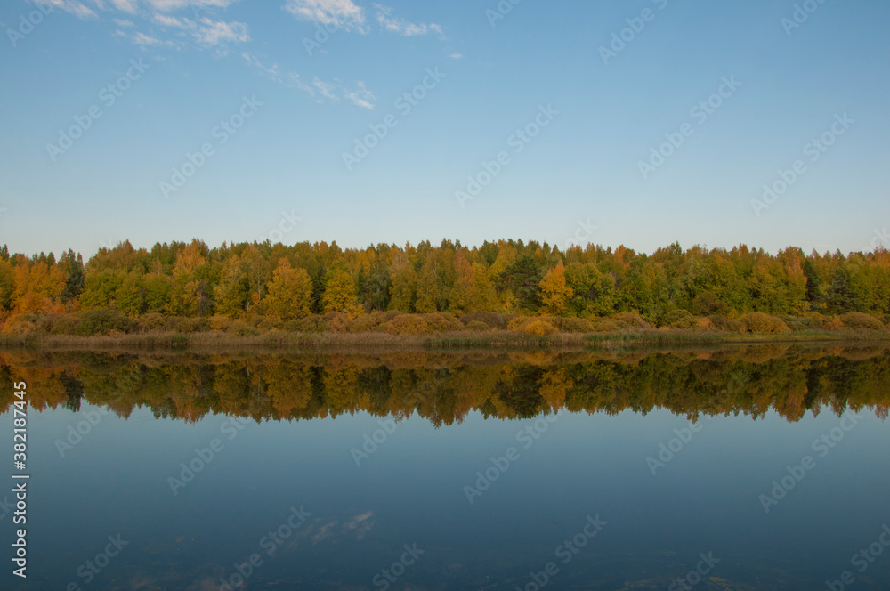 Autumnal lake shore with forest under blue sky. Colorful fall foliage reflecting on surface of calm water.