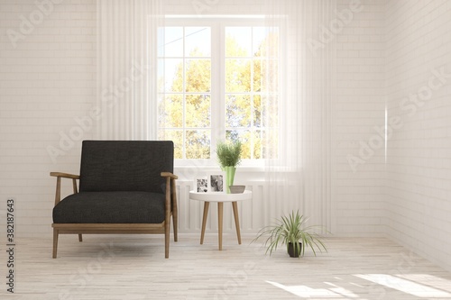 White stylish minimalist room with armchair and autumn landscape in window. Scandinavian interior design. 3D illustration