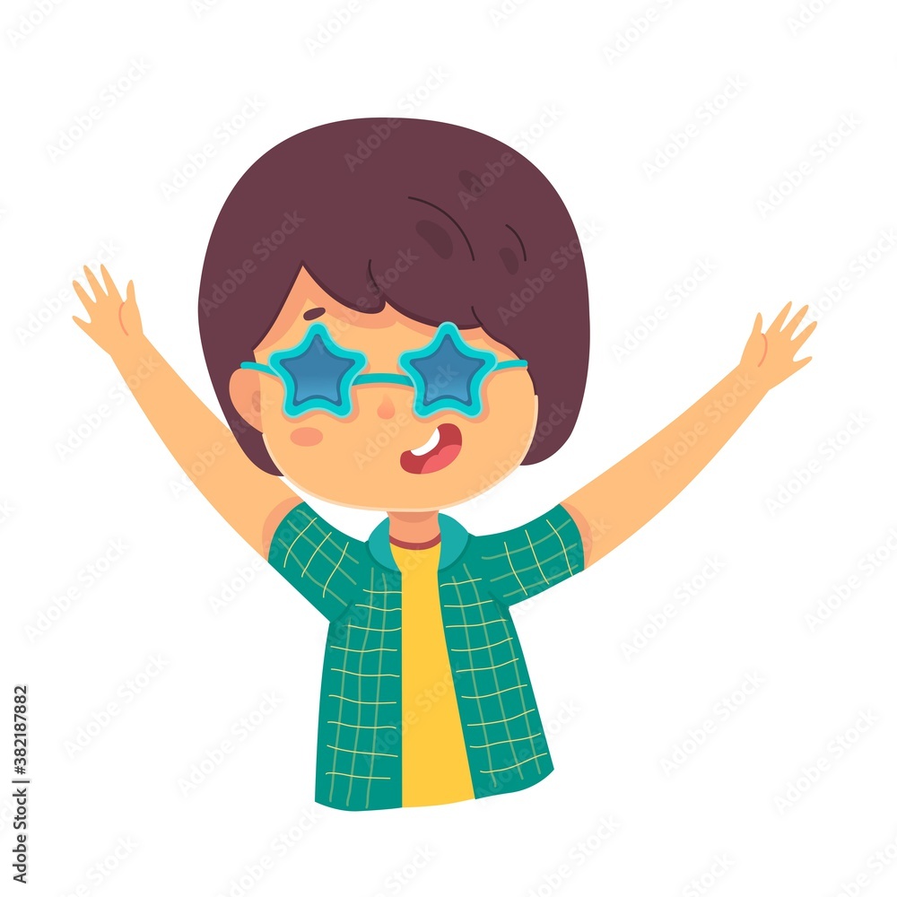 Happy kid in star sunglasses portrait. Cute child having fun and smiling on birthday party. Entertainment and amusement leisure vector illustration. Summer holidays time