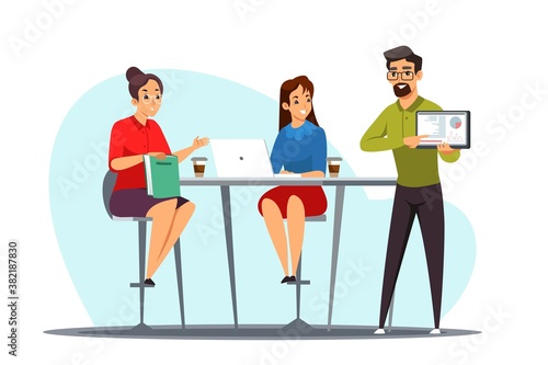 Business meeting brainstorming. Team of people working at office vector illustration. Corporate communication. Men and women sitting and standing, negotiating, presentation discussion