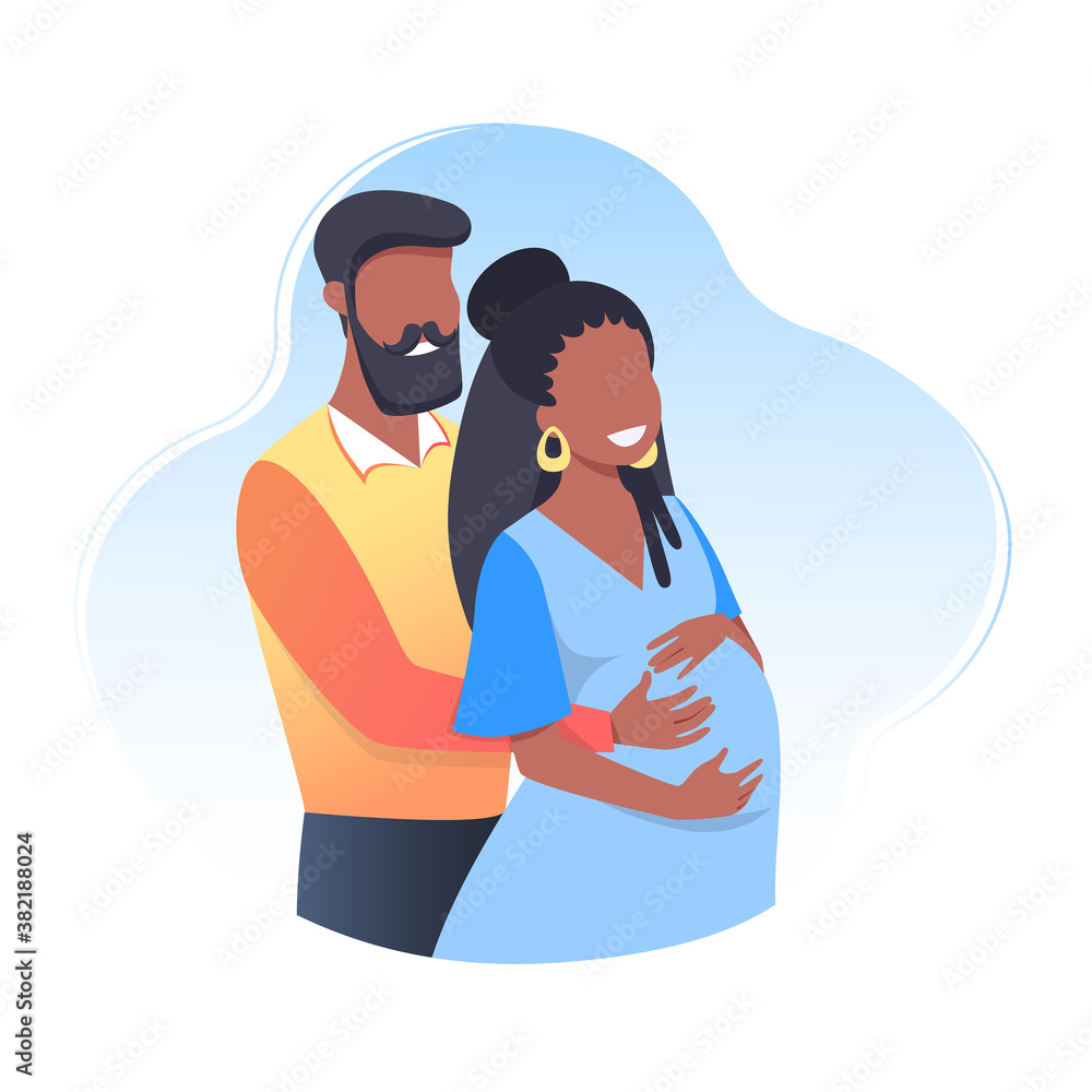 Pregnant happy young woman with husband, future parents. The concept of pregnancy and motherhood, care, health. Vector illustration in flat cartoon style. Pregnant happy young woman with husband, future parents. The concept of pregnancy and motherhood, care, health. Vector illustration in flat cartoon style.