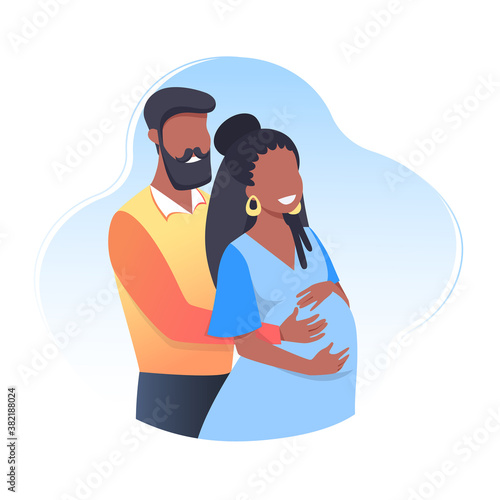 Pregnant happy young woman with husband, future parents. The concept of pregnancy and motherhood, care, health. Vector illustration in flat cartoon style.