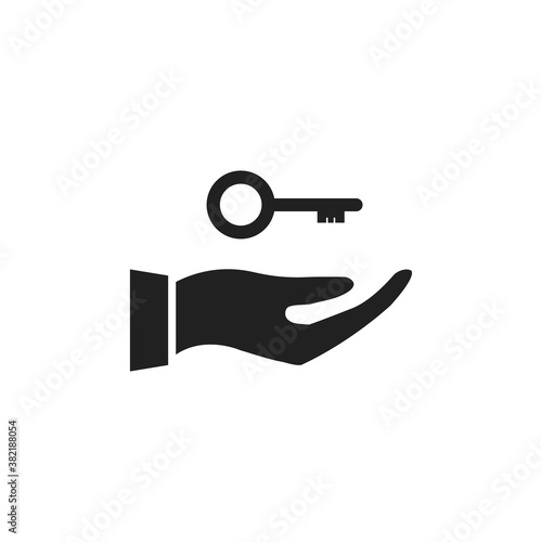 Hand holding key icon. Arm and home key vector illustration. Black outline symbol.