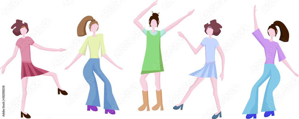 modern young girls are dancing. Dance moves, fun and entertainment. Women's friendship and common leisure. Together will celebrate the International Women's Day. Flat design modern young girls are dancing. Dance moves, fun and entertainment. Women's friendship and common leisure. Together will celebrate the International Women's Day. Flat design
