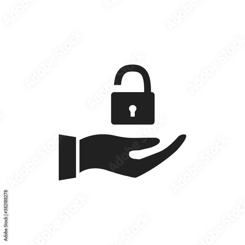 Hand holding open lock icon. Vector illustration. Unlock black outline sign.