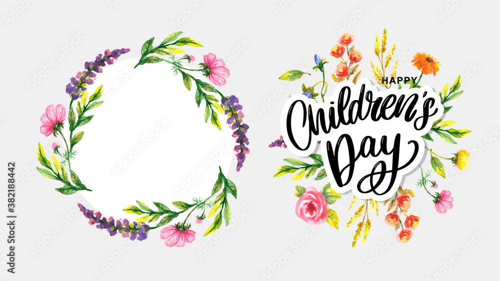 Obraz premium happy children's day, cute vector greeting card with funny letters in scandinavian style and cartoon landscape