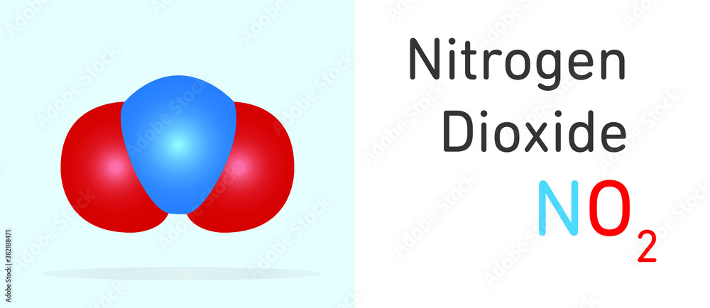 Nitrogen Dioxide (NO2) gas molecule. Space filling model. Structural Chemical Formula and Molecule Model. Chemistry Education