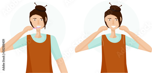 A woman brushes her teeth daily with a toothbrush and flosses. Oral hygiene every day. It is important to brush your teeth correctly and on time.  Vector illustration flat design