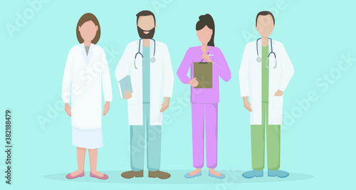 A team of doctors and nurses in uniform, hospital medical staff with stethoscopes in different positions.  The concept of medical care and assistance to people. Vector flat illustration.