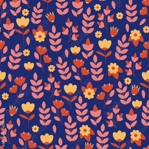 Wildflowers and herbs, branches and leaves. Seamless pattern. Botanical vector illustration.  For paper, covers, fabric, gift wrapping, wall art, interior decor.