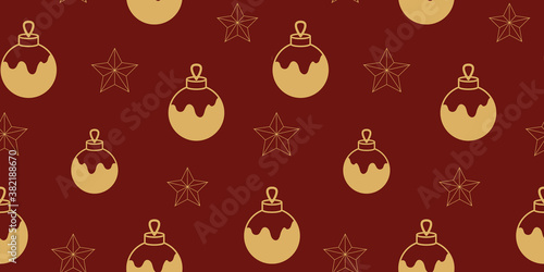 Seamless pattern with christmas balls and linear stars on a red background. Cute illustration for textile, wrapping paper, greetings card, scrapbooking.