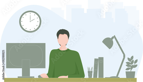 A successful handsome man of European appearance, a businessman at work. Comfortable workplace with a table, computer and necessary objects for business. Vector flat design