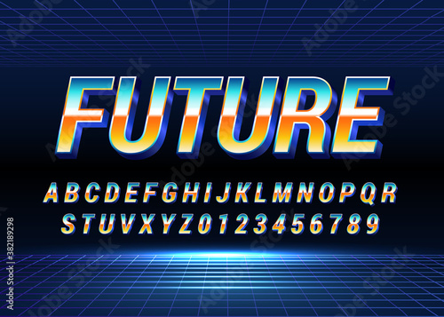 Retro Futuristic 80s font style. Vector alphabet with chrome effect template for game title, poster headline, old style