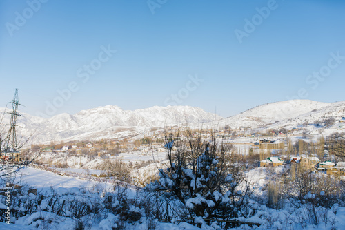 Winter mountain landscape of the Tianshan mountain system in Uzbekistan