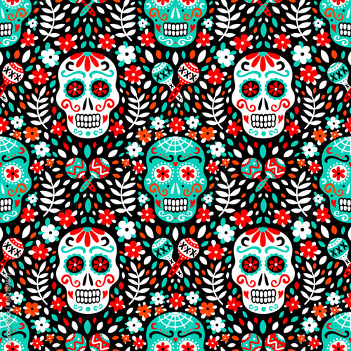 Latin american traditional Day of the Dead background of ethnic mariachi musical instruments, sugar skulls and flowers for fabric prints, wallpaper. EPS 10 vector seamless pattern.