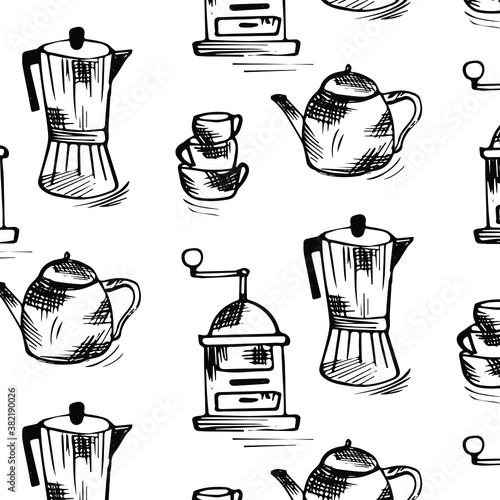 Coffee doodle pattern. Seamless picture on a white background. Vector illustration.