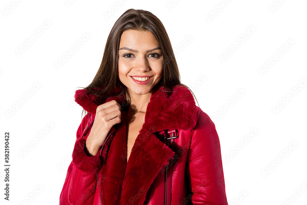 portrait of a girl in a red jacket studio white background portrait of a girl in a red jacket studio white background