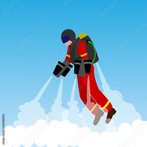 The rescuer flies to the rescue in a flying suit with a jet engine. Vector illustration, flat style.