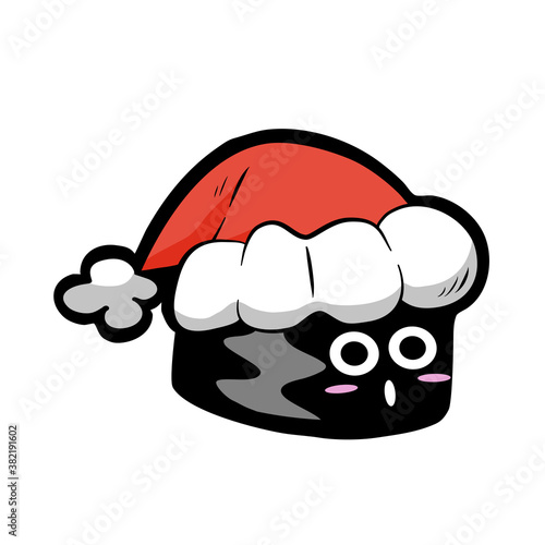 Cute cartoon maki sushi smile with Christmas red hat, icon, emoji element on white silhouette. Doodle black line decoration for logo, planner, card and any design. Vector illustration about holiday.