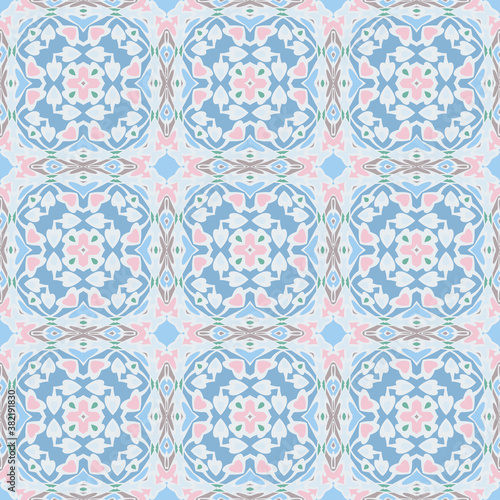 Trendy bright color seamless pattern in white blue pink for decoration, paper wallpaper, tiles, textiles, neckerchief, pillows. Home decor, interior design, cloth design.