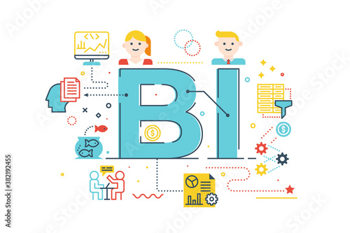 BI - Business Intelligence word lettering illustration with icons for web banner, flyer, landing page, presentation, book cover, article, etc.