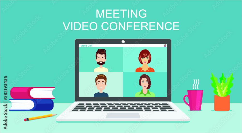 people connecting together, learning or meeting online with teleconference, video conference remote working on laptop computer, work from home, new normal concept