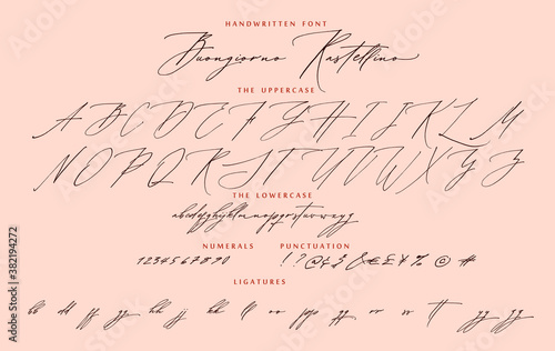 Handwritten script calligraphy cursive font Buongiorno Rastellino Italian hello Rastellino vector alphabet set photo
