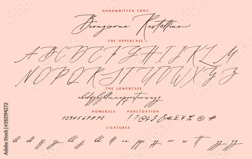 Handwritten script calligraphy cursive font Buongiorno Rastellino Italian hello Rastellino vector alphabet set