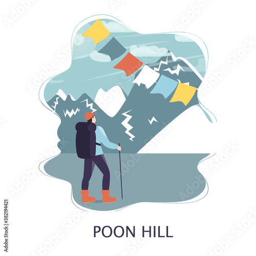 Poon hill Ghorepani point, hill station to see the Annapurna massive, Design for postcards, t-shirts, banners, greeting card, event, flyer. Annapurna circuit, mountaineering, trekking vector illustrat
