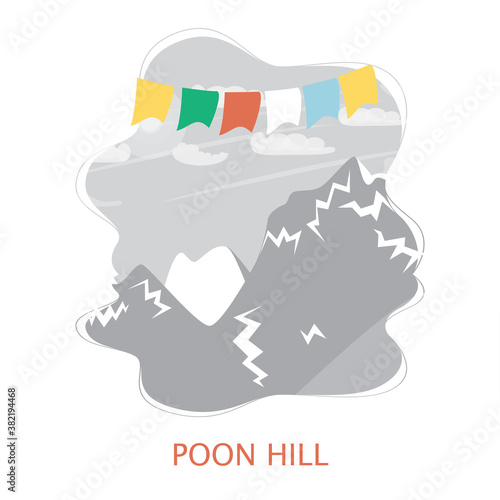 Poon hill Ghorepani point, hill station to see the Annapurna massive, Design for postcards, t-shirts, banners, greeting card, event, flyer. Annapurna circuit, mountaineering, trekking vector illustrat