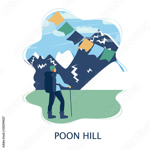 Poon hill Ghorepani point, hill station to see the Annapurna massive, Design for postcards, t-shirts, banners, greeting card, event, flyer. Annapurna circuit, mountaineering, trekking vector illustrat