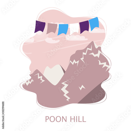 Poon hill Ghorepani point, hill station to see the Annapurna massive, Design for postcards, t-shirts, banners, greeting card, event, flyer. Annapurna circuit, mountaineering, trekking vector illustrat