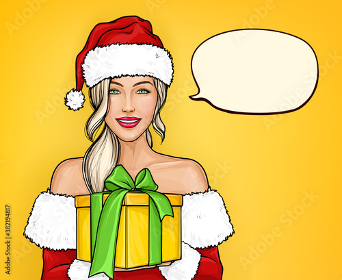 Sexy girl in christmas santa costume holding bright gift box with bow in hands. Smiling blonde woman in red hat with fur on yellow background in pop art retro comic style. Holiday design illustration.