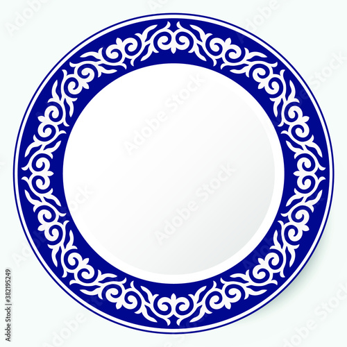 Circle frame, workpiece for your design. Ornamental elements and motifs of Kazakh, Kyrgyz, Uzbek, national Asian decor for plate, textile and print design. Round frame. Vector. 