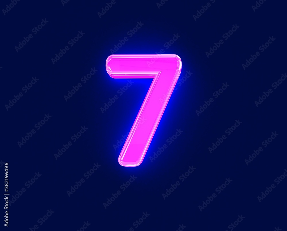 polished neon light glow glass made font - number 7 isolated on dark background, 3D illustration of symbols polished neon light glow glass made font - number 7 isolated on dark background, 3D illustration of symbols