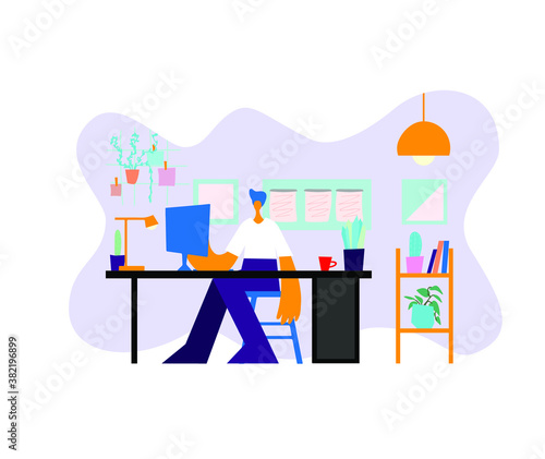 Happy guy using computer for work or online learning. Young man with pc sitting in armchair at home. Vector illustration for communication, social media network, digital marketing concept
